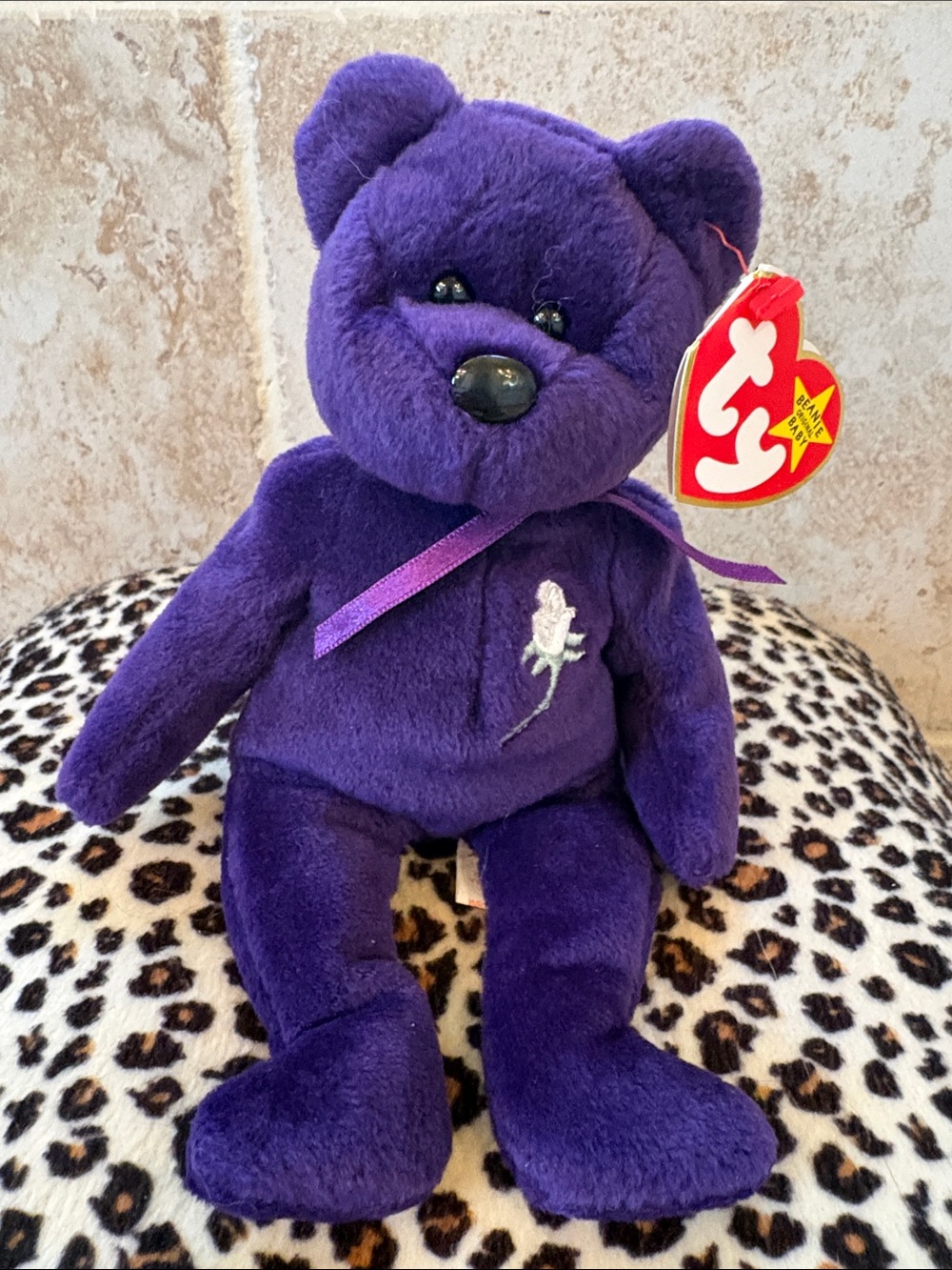Ty Original Beanie Baby Princess Purple Bear with Embroidered Rose and Ribbon
